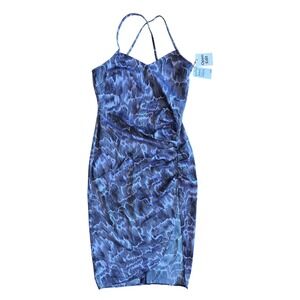 Open Edit Purple Abstract Print Midi Dress Side Slit Crisscross Straps S Bodycon